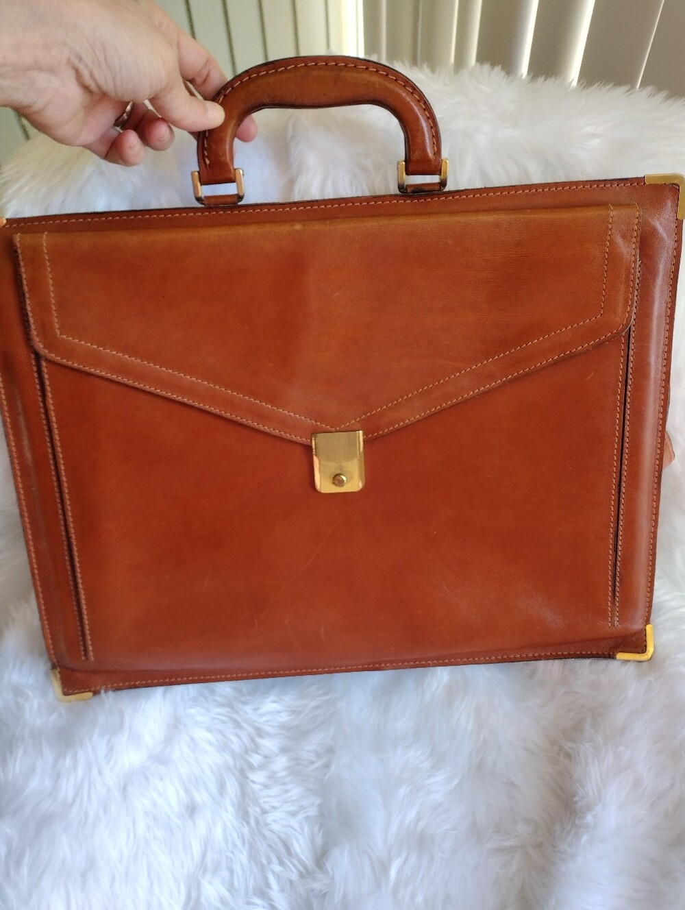 Men's Vintage Leather Briefcase Gold Hardware - Classic Professional Carry